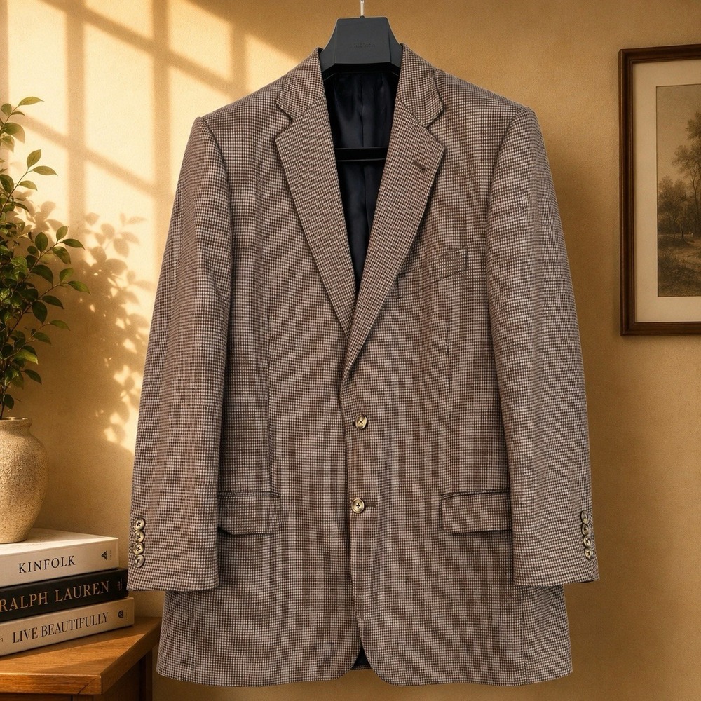 Joseph Abboud Blazer Mens 44R Brown Silk Wool Houndstooth USA Nordstrom 90s